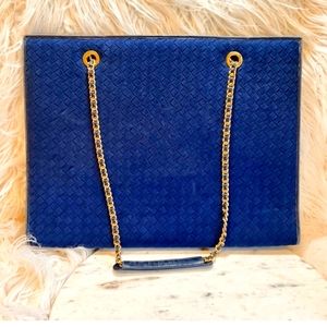 Navy Blue Diamond Quilted Chain Handle Tote Laptop Briefcase Bag
